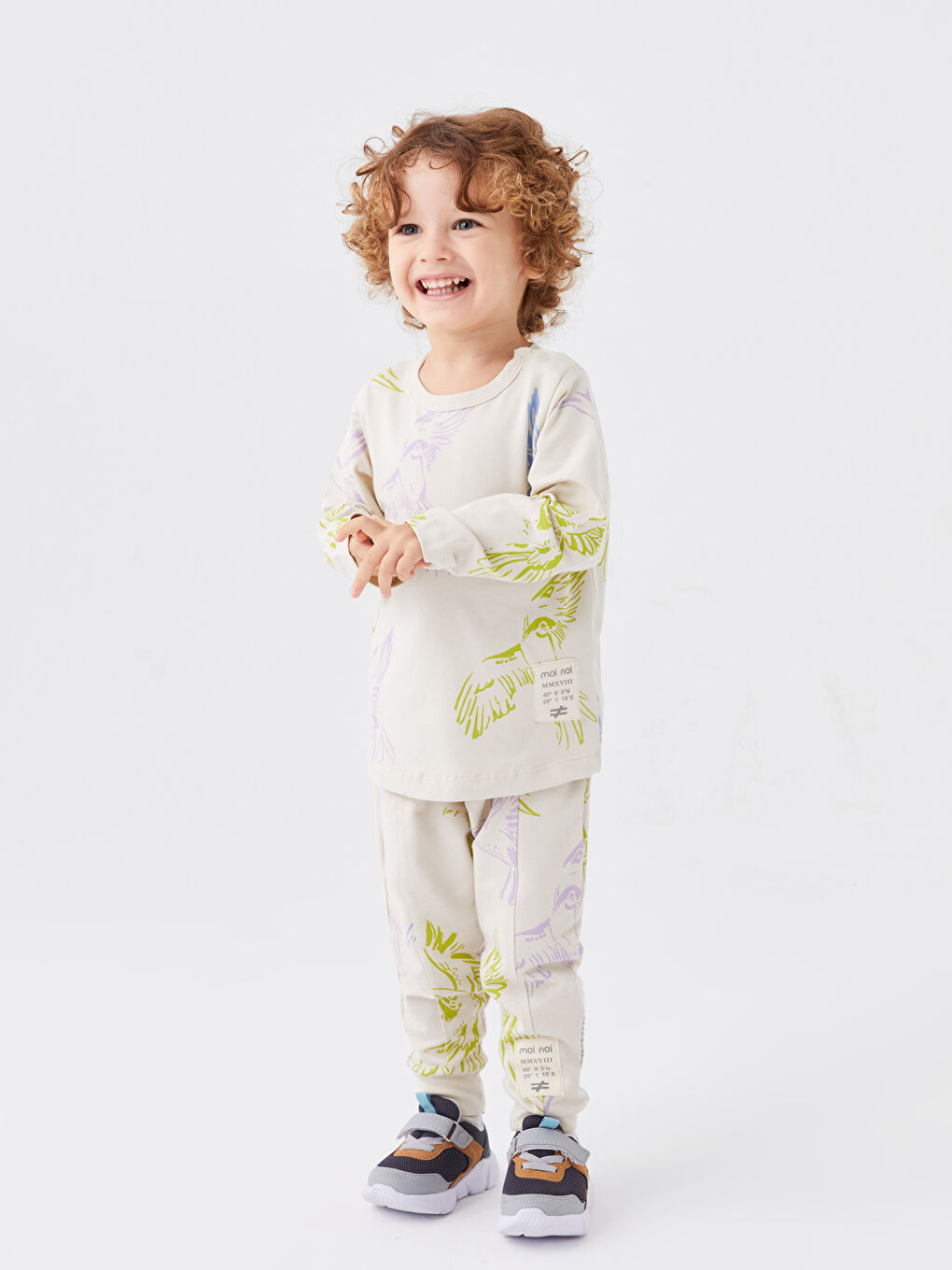 Bej Bisiklet Yaka Uzun Kollu Baskılı Erkek Bebek 2'li Takım