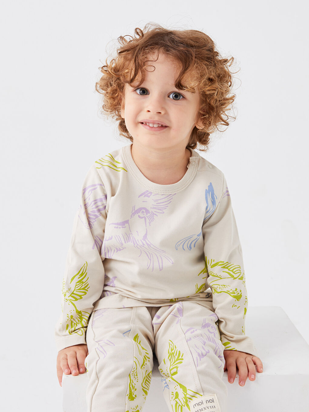 Bej Bisiklet Yaka Uzun Kollu Baskılı Erkek Bebek 2'li Takım-1