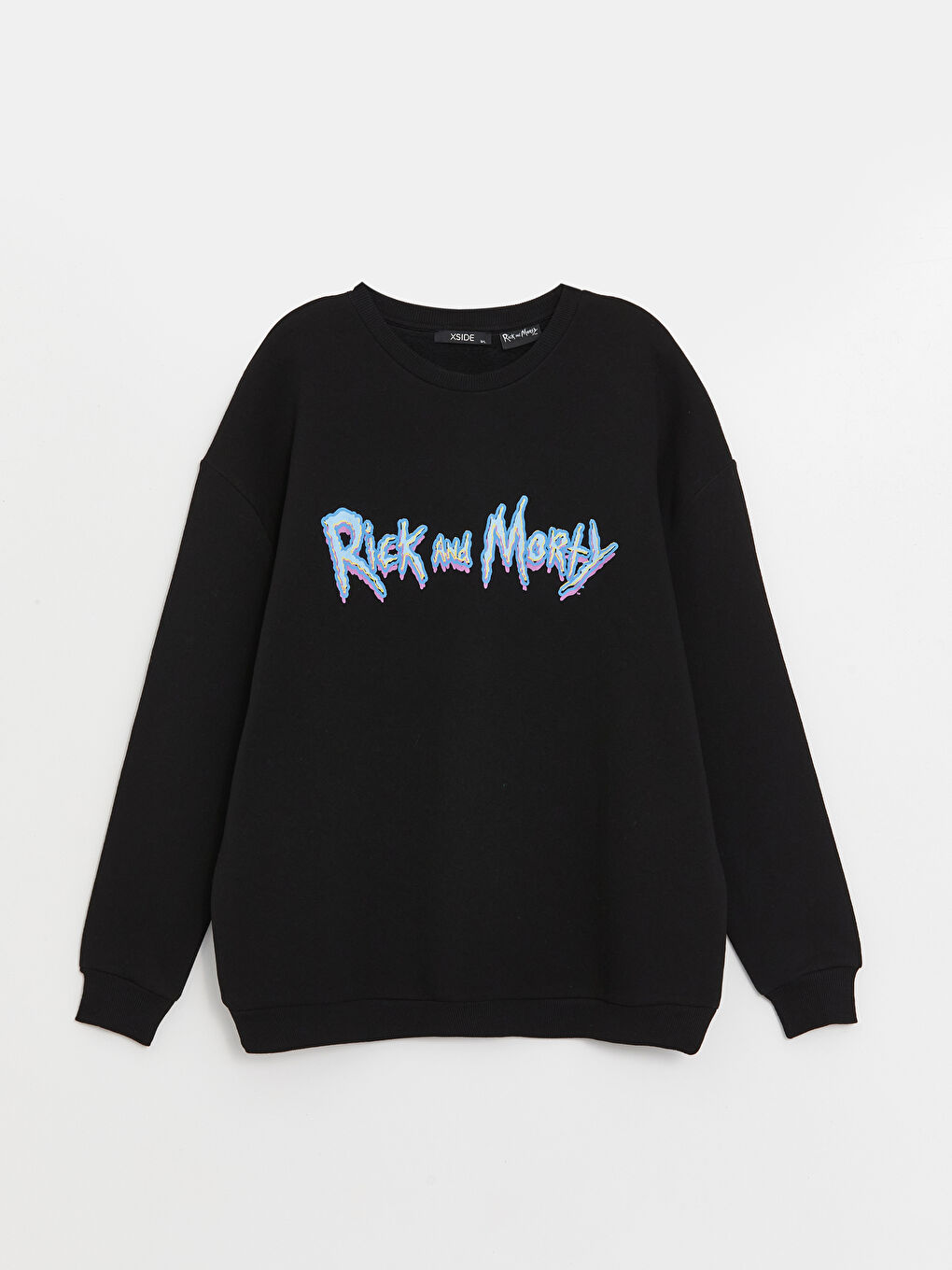 XSIDE Yeni Siyah Bisiklet Yaka Rick and Morty Baskılı Oversize Kadın Kalın Sweatshirt - 5