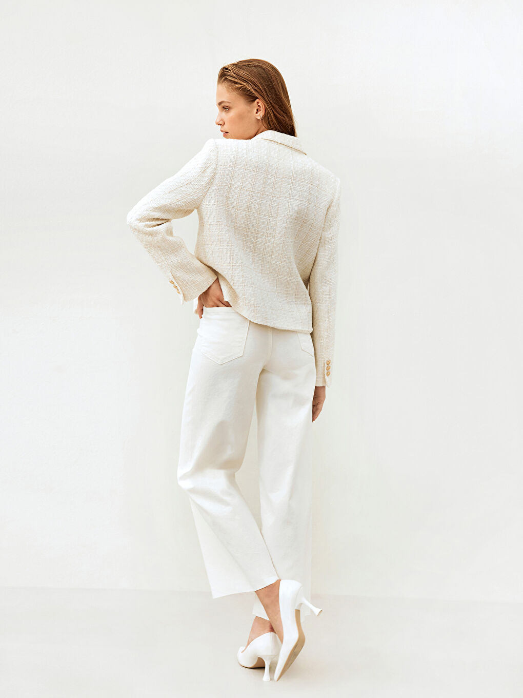 Ekru Wideleg Kadın Jean Pantolon-1