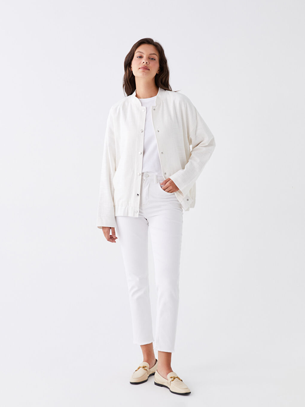 Ekru Straight Fit Kadın Jean Pantolon