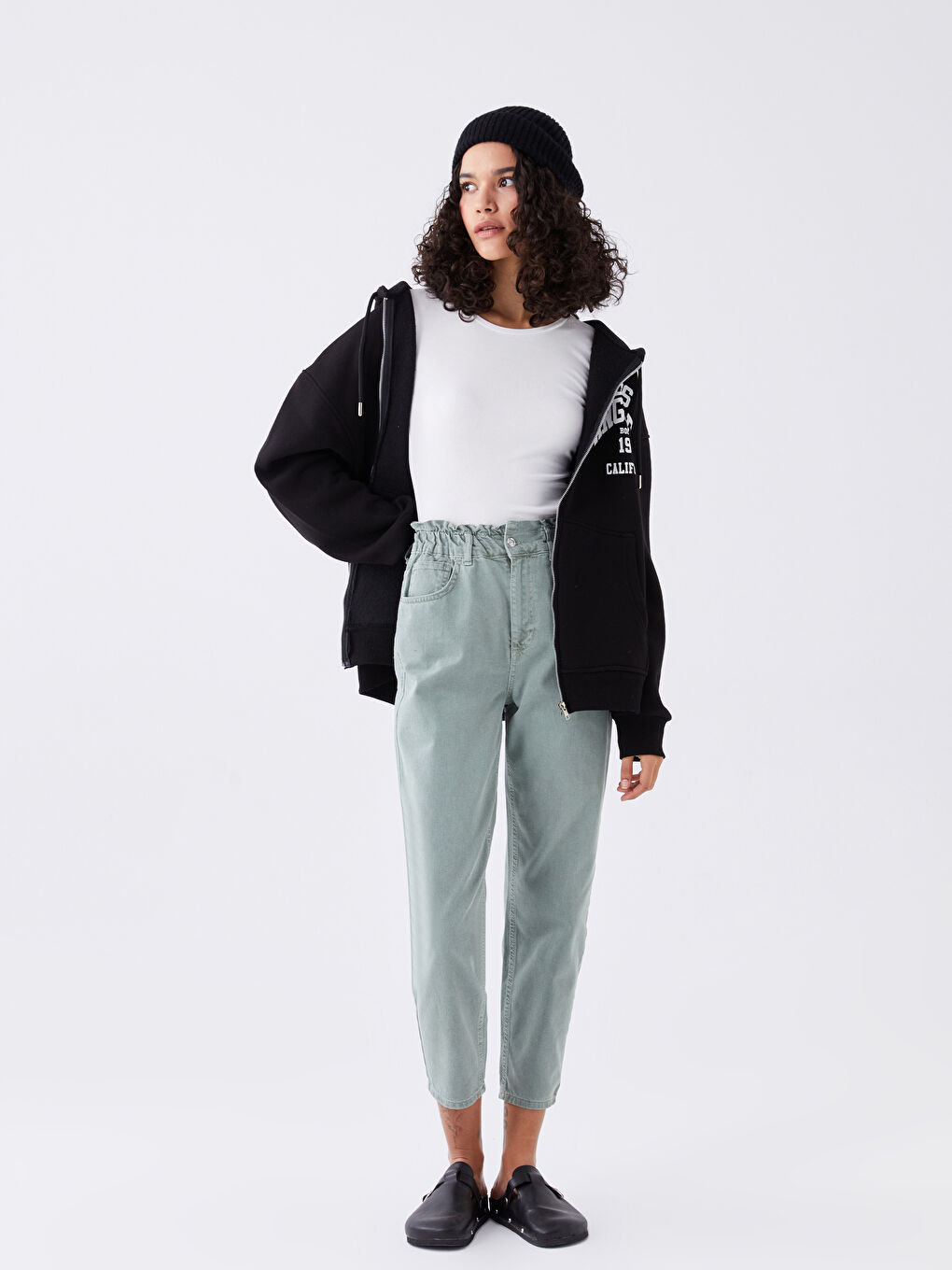 Haki Beli Lastikli Slouchy Fit Kadın Jean Pantolon