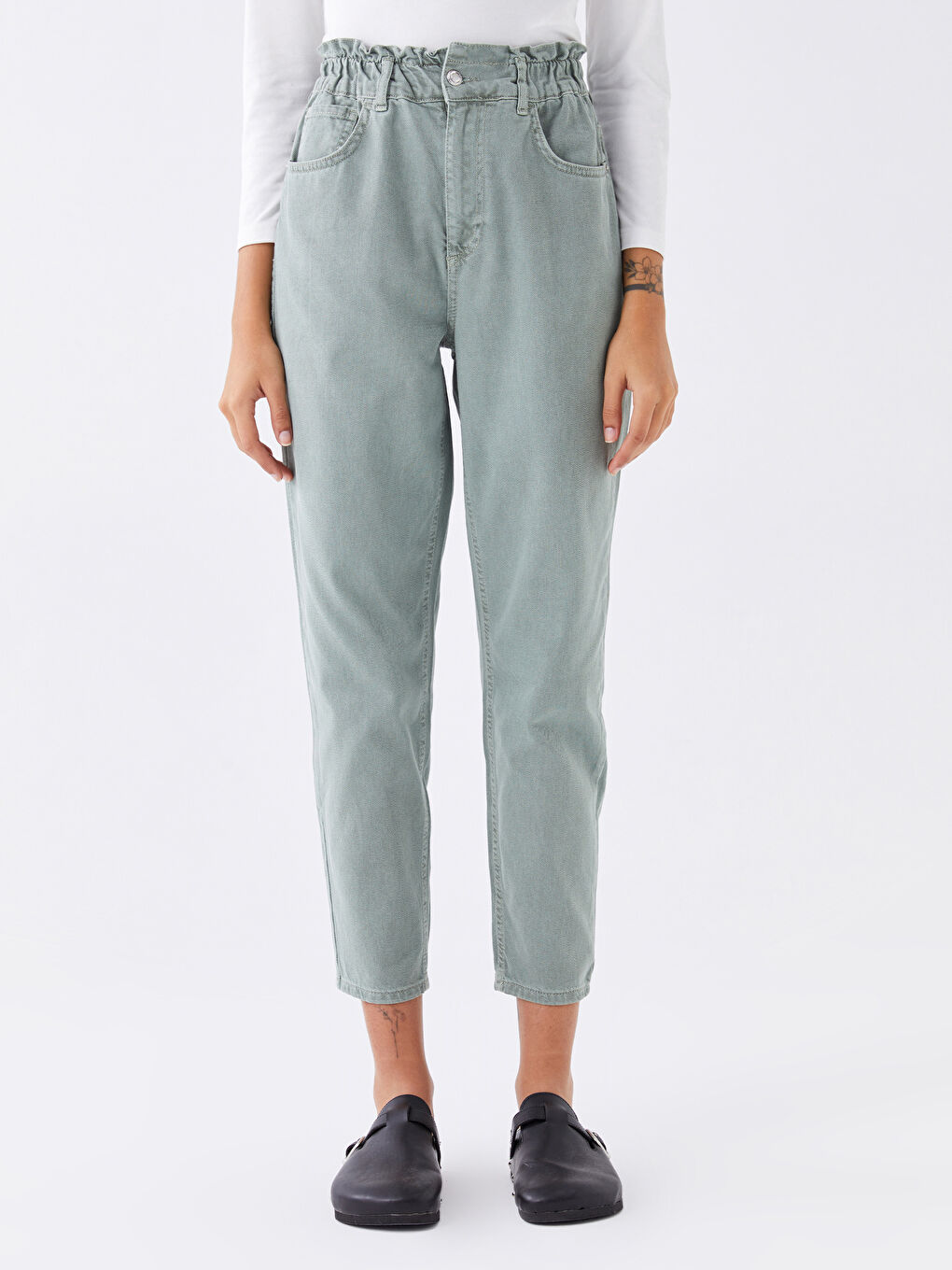 Haki Beli Lastikli Slouchy Fit Kadın Jean Pantolon-4