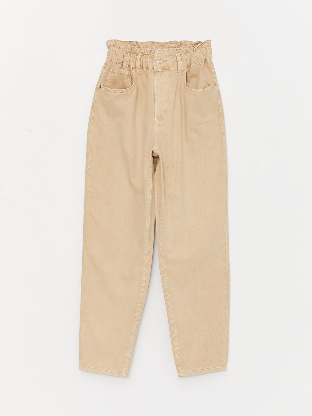 Bej Beli Lastikli Slouchy Fit Kadın Jean Pantolon-5