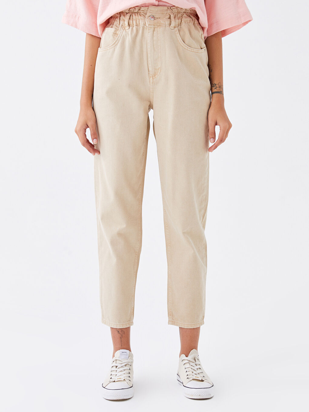 Bej Beli Lastikli Slouchy Fit Kadın Jean Pantolon-3