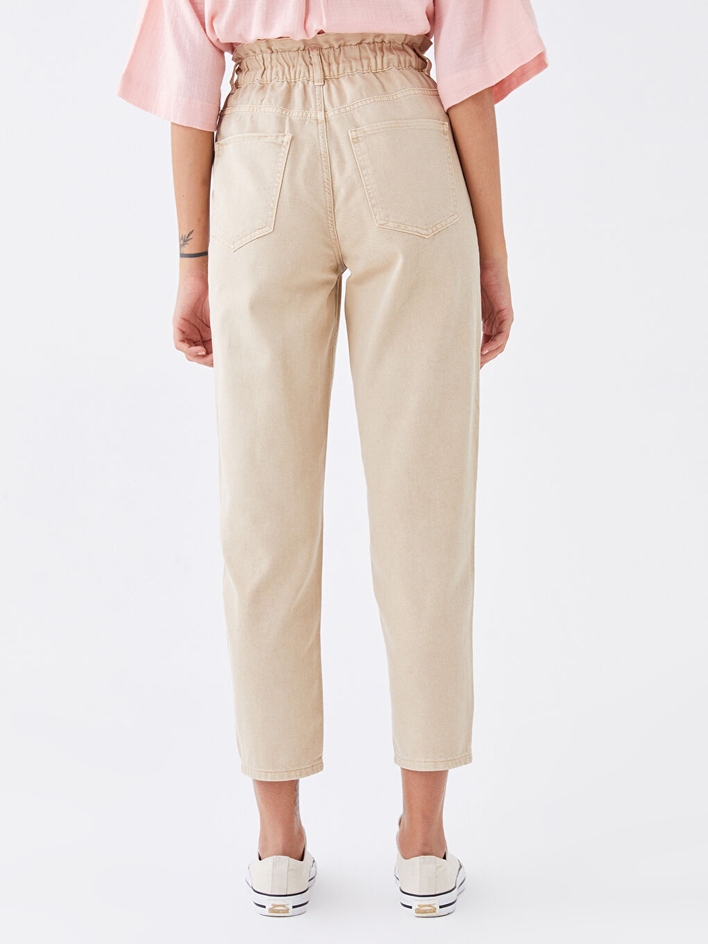 Bej Beli Lastikli Slouchy Fit Kadın Jean Pantolon-4