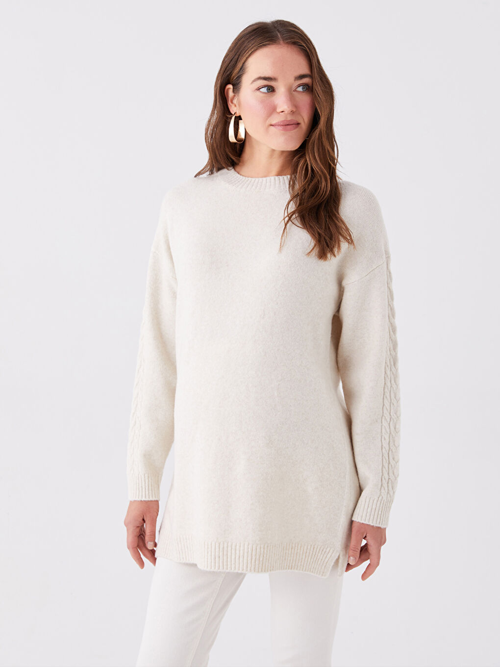 Crew Neck Self Patterned Long Sleeve Maternity Tricot Sweater -W3GY83Z8-DM0