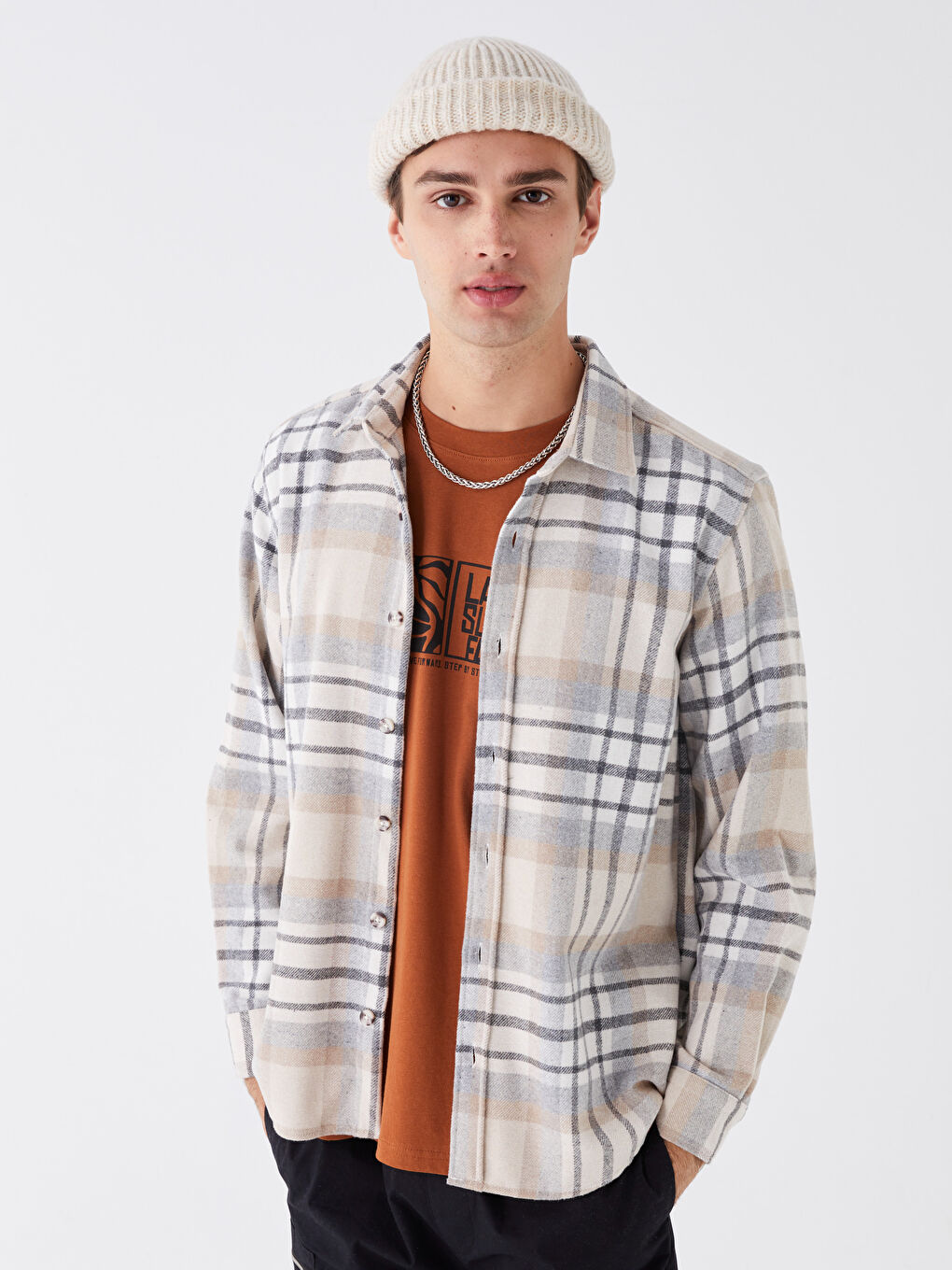 Bej Regular Fit Uzun Kollu Ekose Erkek Oduncu Gömlek-1