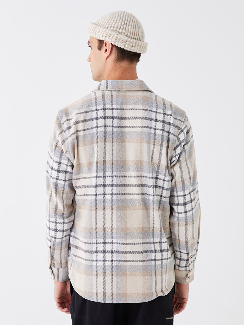 Bej Regular Fit Uzun Kollu Ekose Erkek Oduncu Gömlek-4