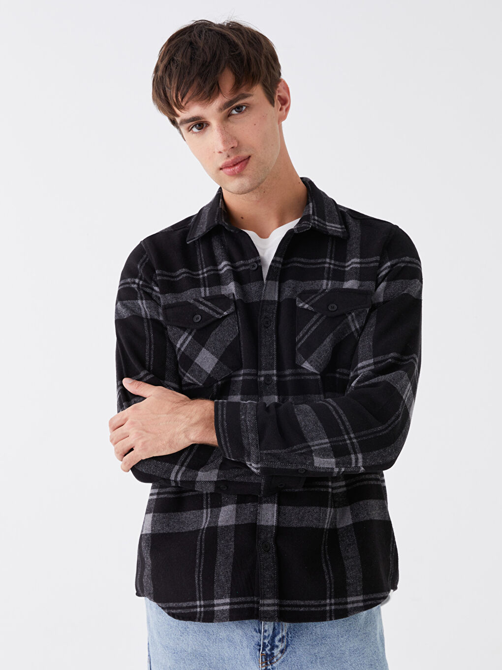 Siyah Regular Fit Uzun Kollu Ekose Erkek Oduncu Gömlek