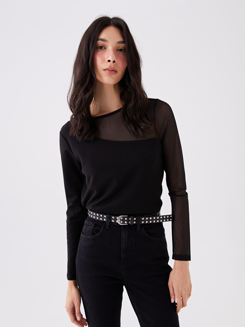 بلوزة نساء كم طويل كول مدور بسيطة-1