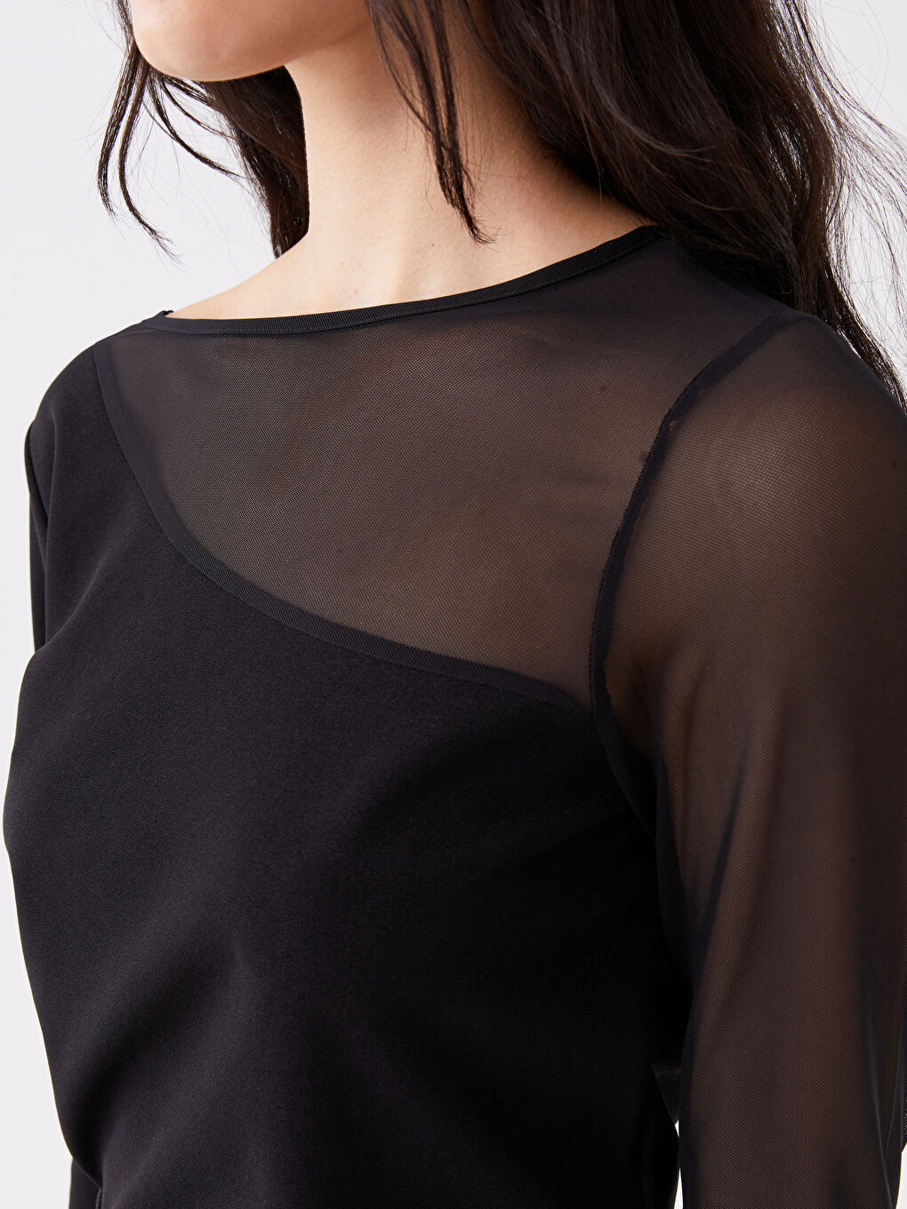 بلوزة نساء كم طويل كول مدور بسيطة-3