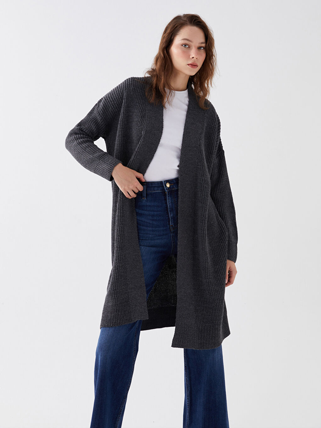 Antrasit Şal Yaka Düz Uzun Kollu Oversize Kadın Triko Hırka