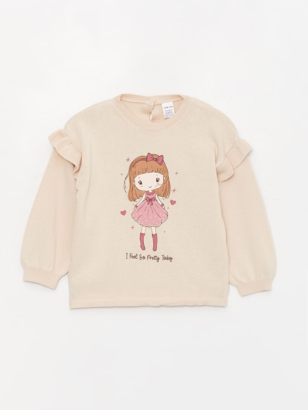 Bej Bisiklet Yaka Uzun Kollu Baskılı Kız Bebek Triko Kazak