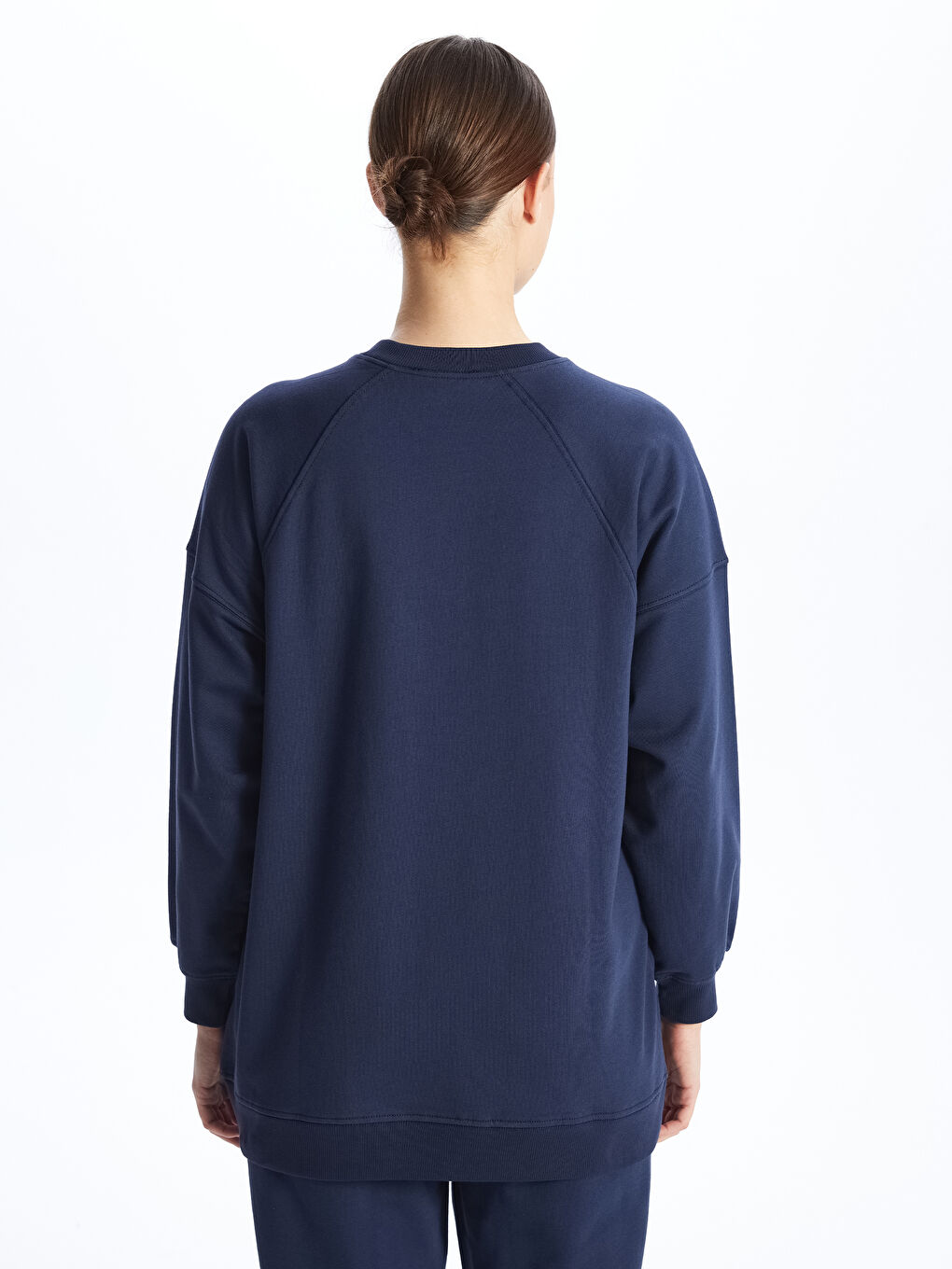 Lacivert Bisiklet Yaka Düz Uzun Kollu Kadın Sweatshirt Tunik-4