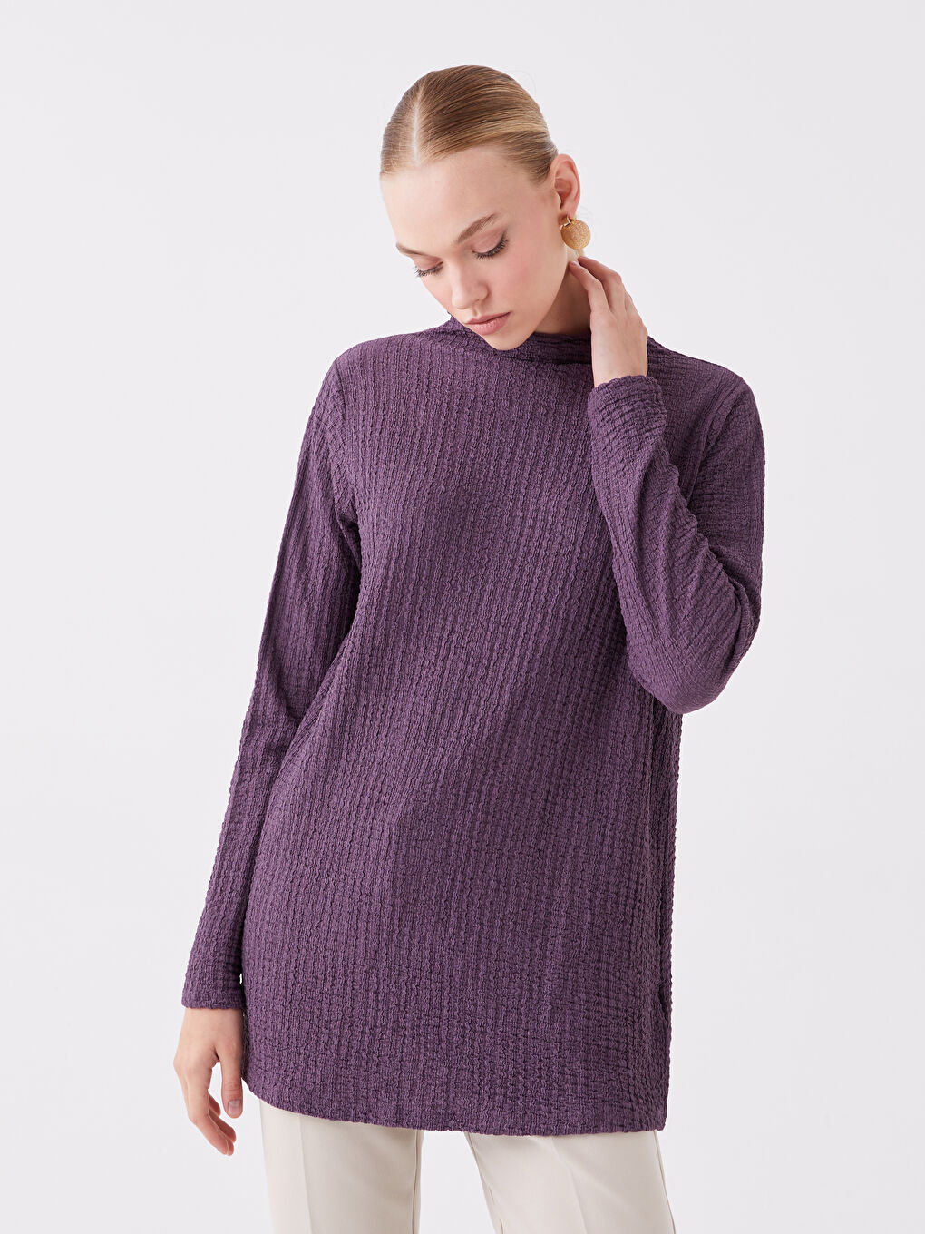 تونيك كم طويل مستقيم بياقة هاي نيك للسيدات