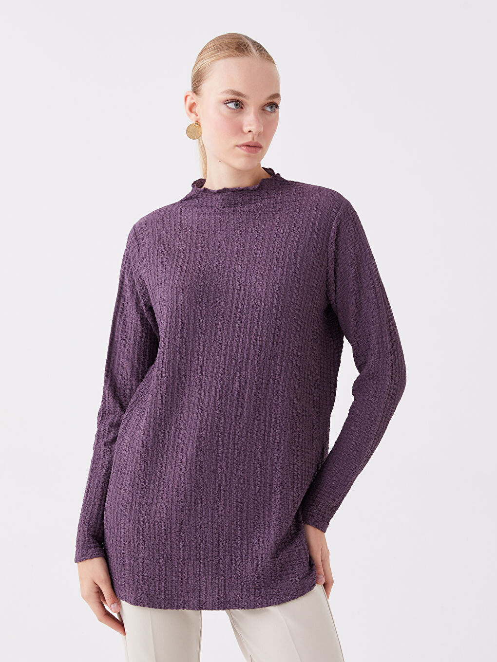 تونيك كم طويل مستقيم بياقة هاي نيك للسيدات-1