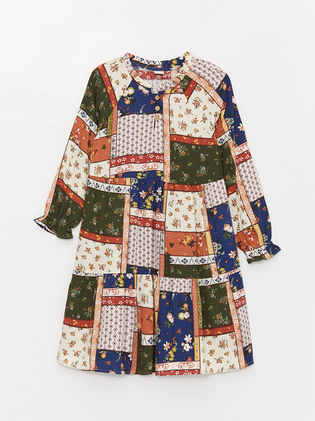 Haki Bisiklet Yaka Desenli Uzun Kollu Kız Çocuk Elbise