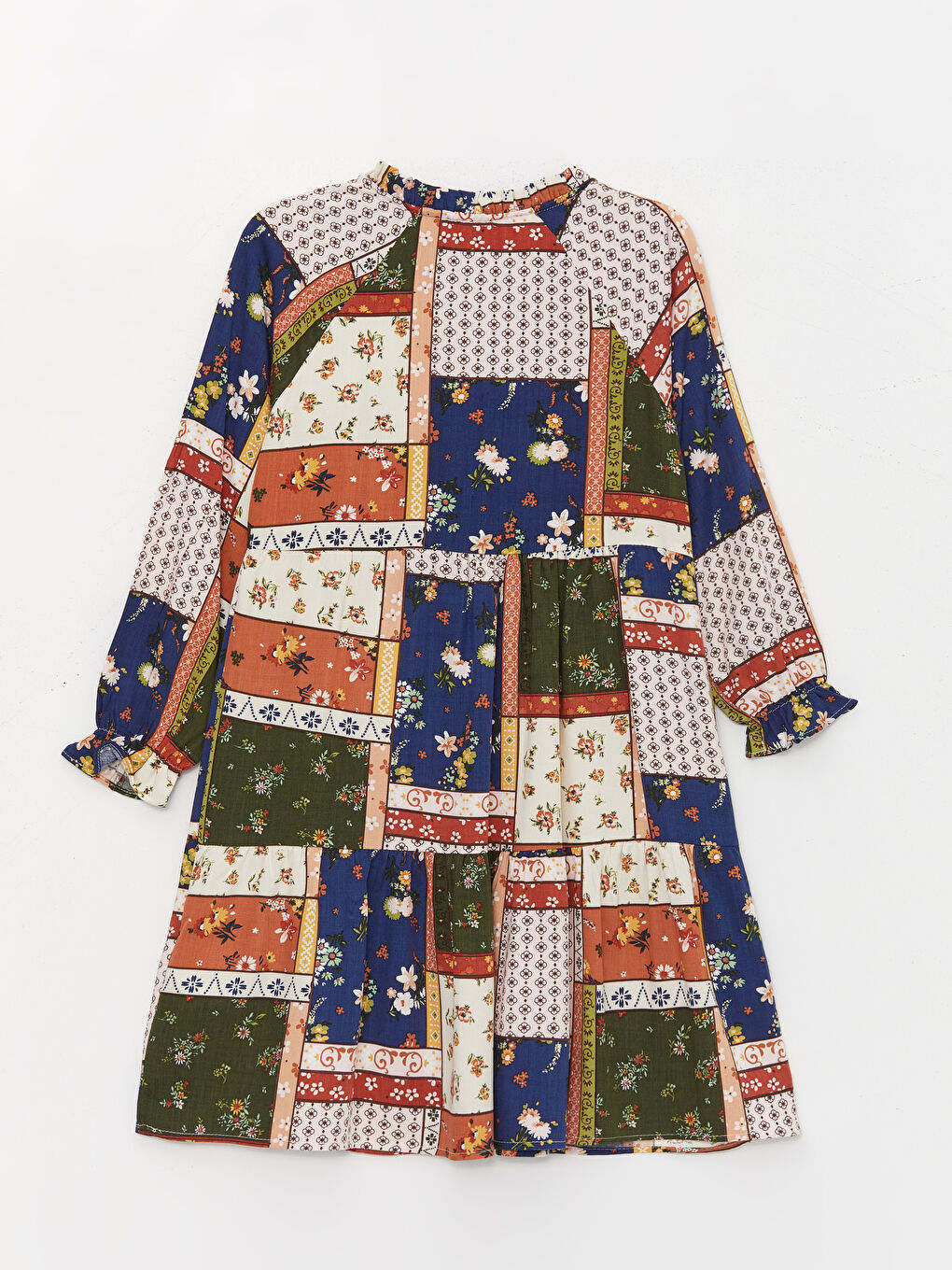 Haki Bisiklet Yaka Desenli Uzun Kollu Kız Çocuk Elbise-1