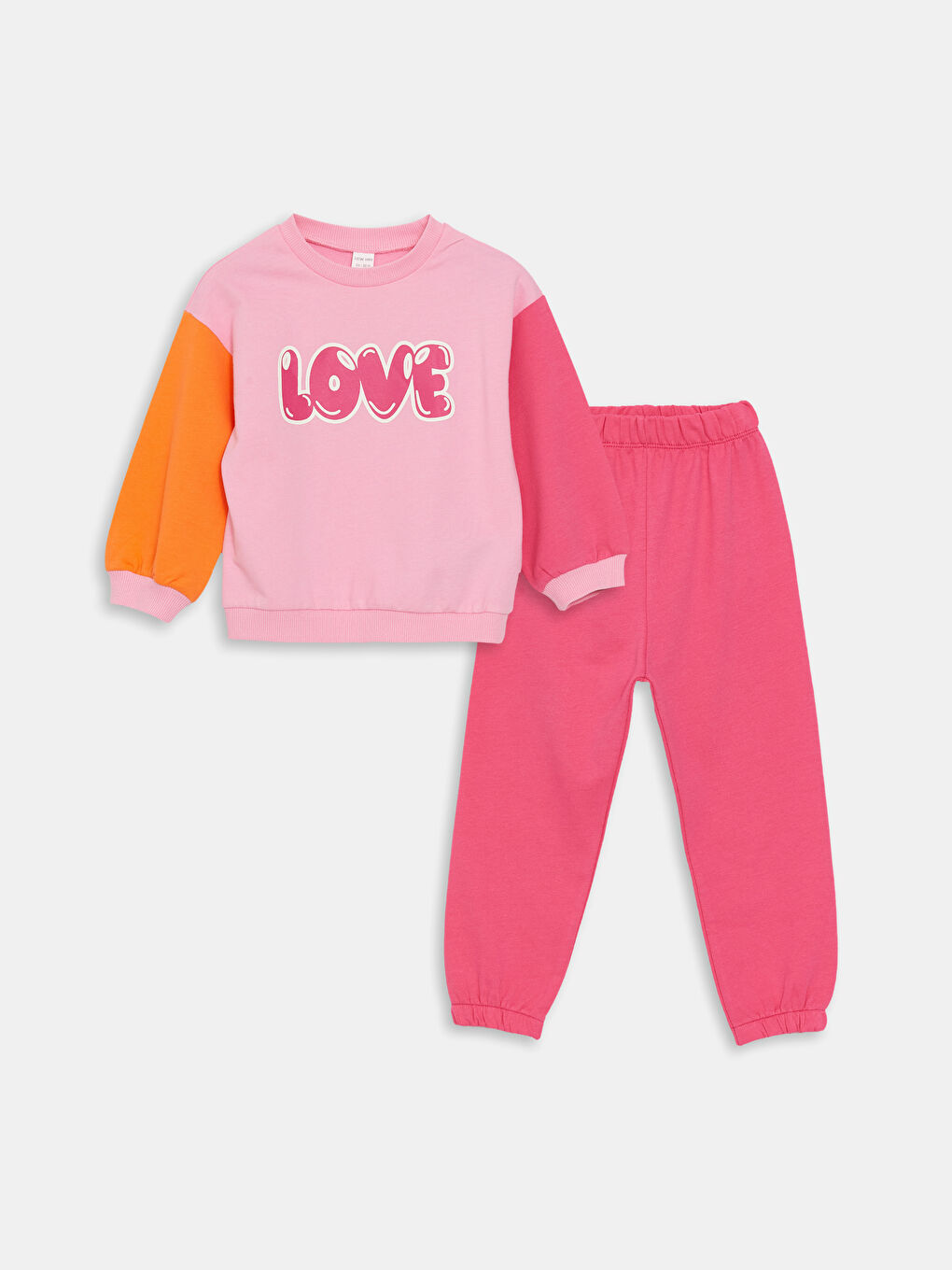 LCW baby Pembe Bisiklet Yaka Baskılı Kız Bebek Sweatshirt ve Pantolon 2'li Takım