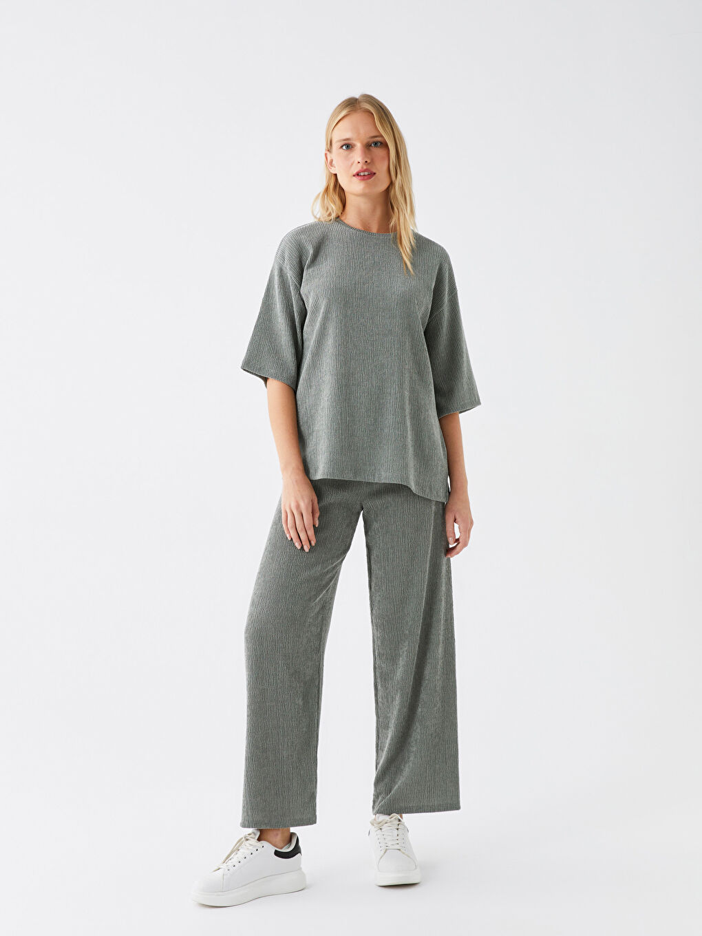 Gri Beli Lastikli Dar Fit Kadın Pantolon