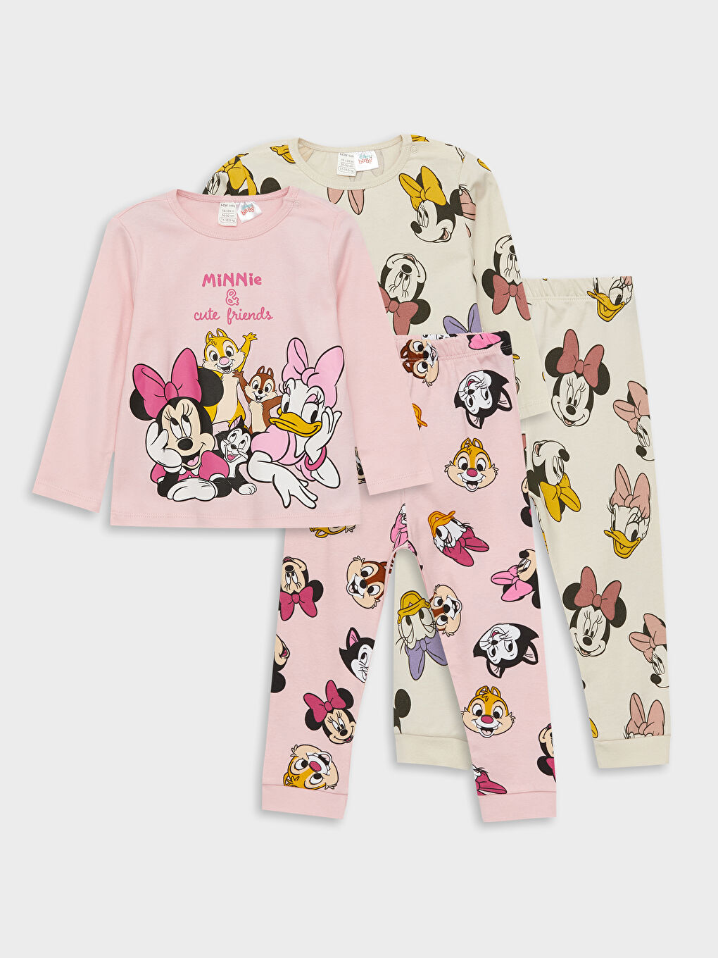 LCW baby Pembe Bisiklet Yaka Minnie Mouse Baskılı Kız Bebek Pijama Takımı 2'li