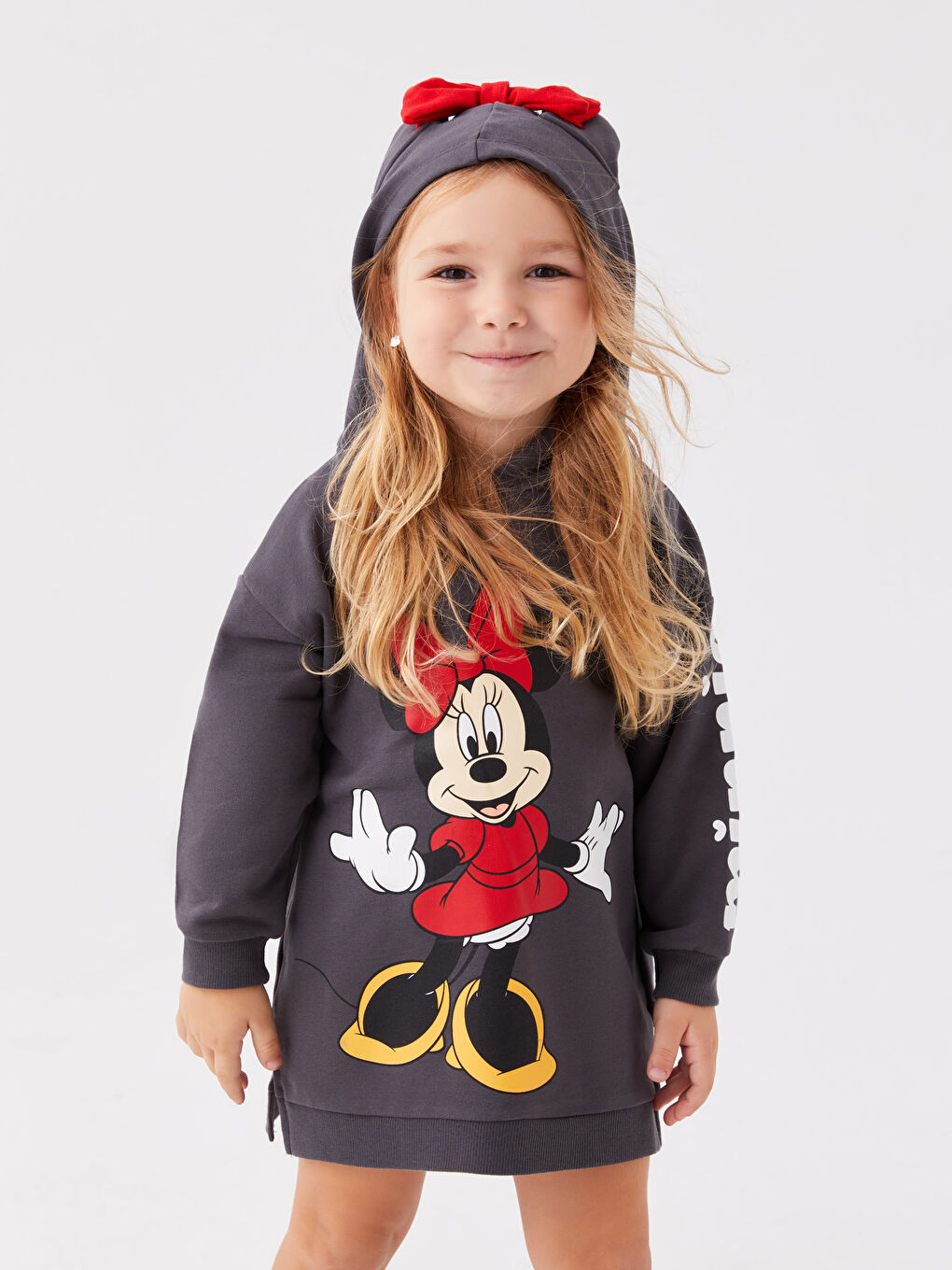 კაპიუშონიანი მინნი მაუსის ნაბეჭდი გრძელმკლავიანი გოგონას კაბა დედა-შვილის კომბინაცია-1