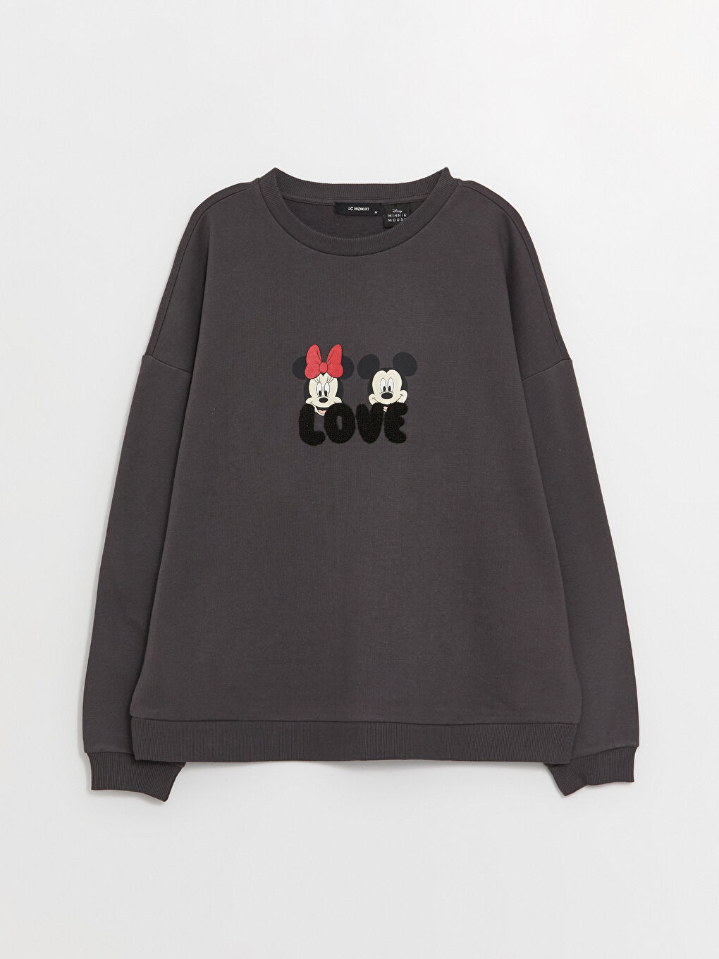 LCW Casual Koyu Gri Bisiklet Yaka Mickey Mouse Baskılı Kadın Kalın Sweatshirt Anne Kız Kombini - 5