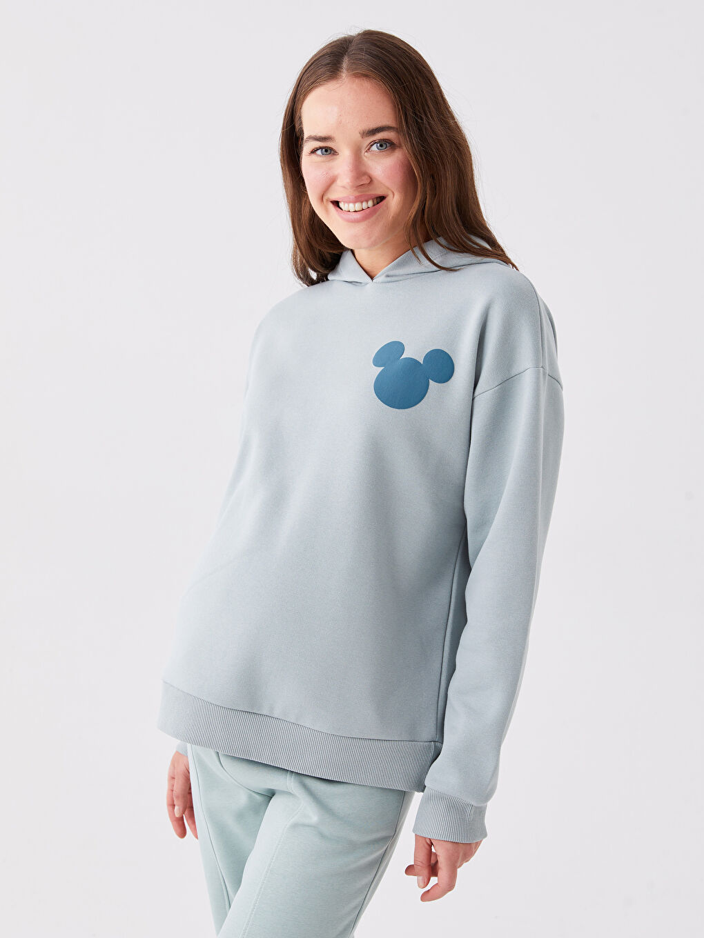 LCWAIKIKI Maternity Mat Yeşil Mickey Mouse Baskılı Uzun Kollu Hamile Hoodie