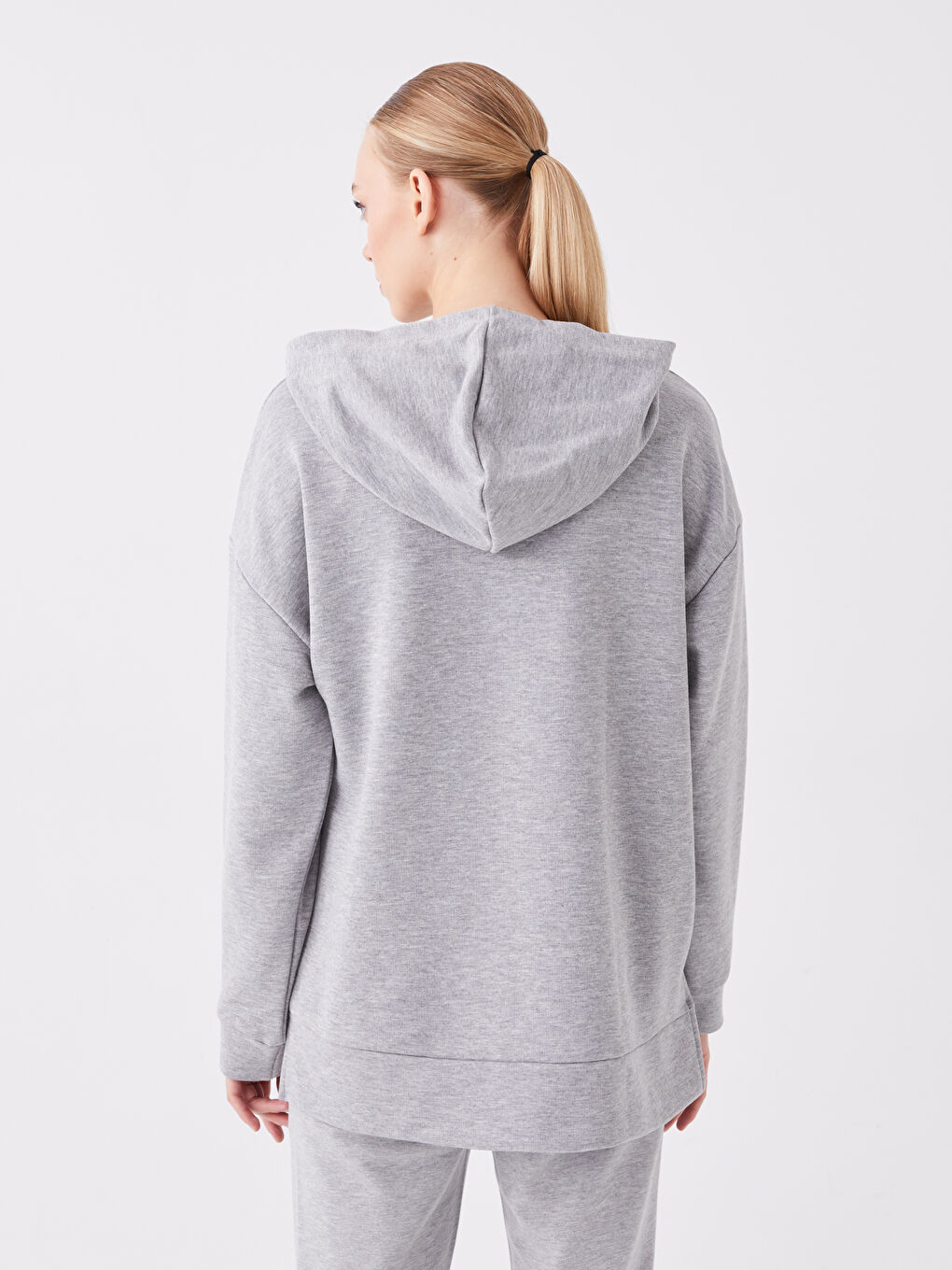 LCWAIKIKI Basic Gri Melanj Baskılı Uzun Kollu Oversize Kadın Hoodie - 4