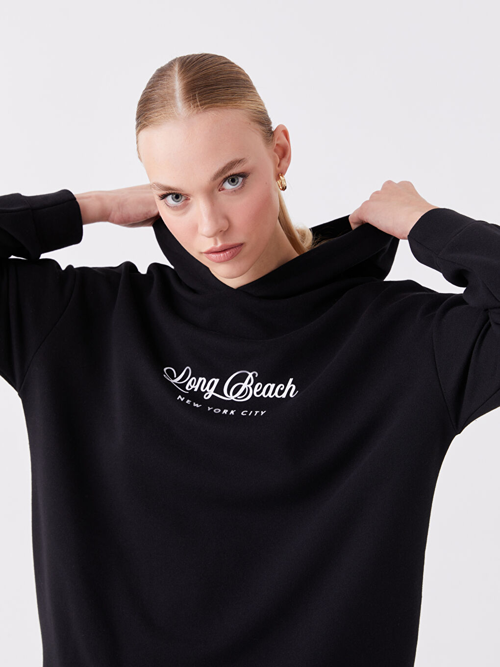 LCWAIKIKI Basic Yeni Siyah Baskılı Uzun Kollu Oversize Kadın Hoodie - 2