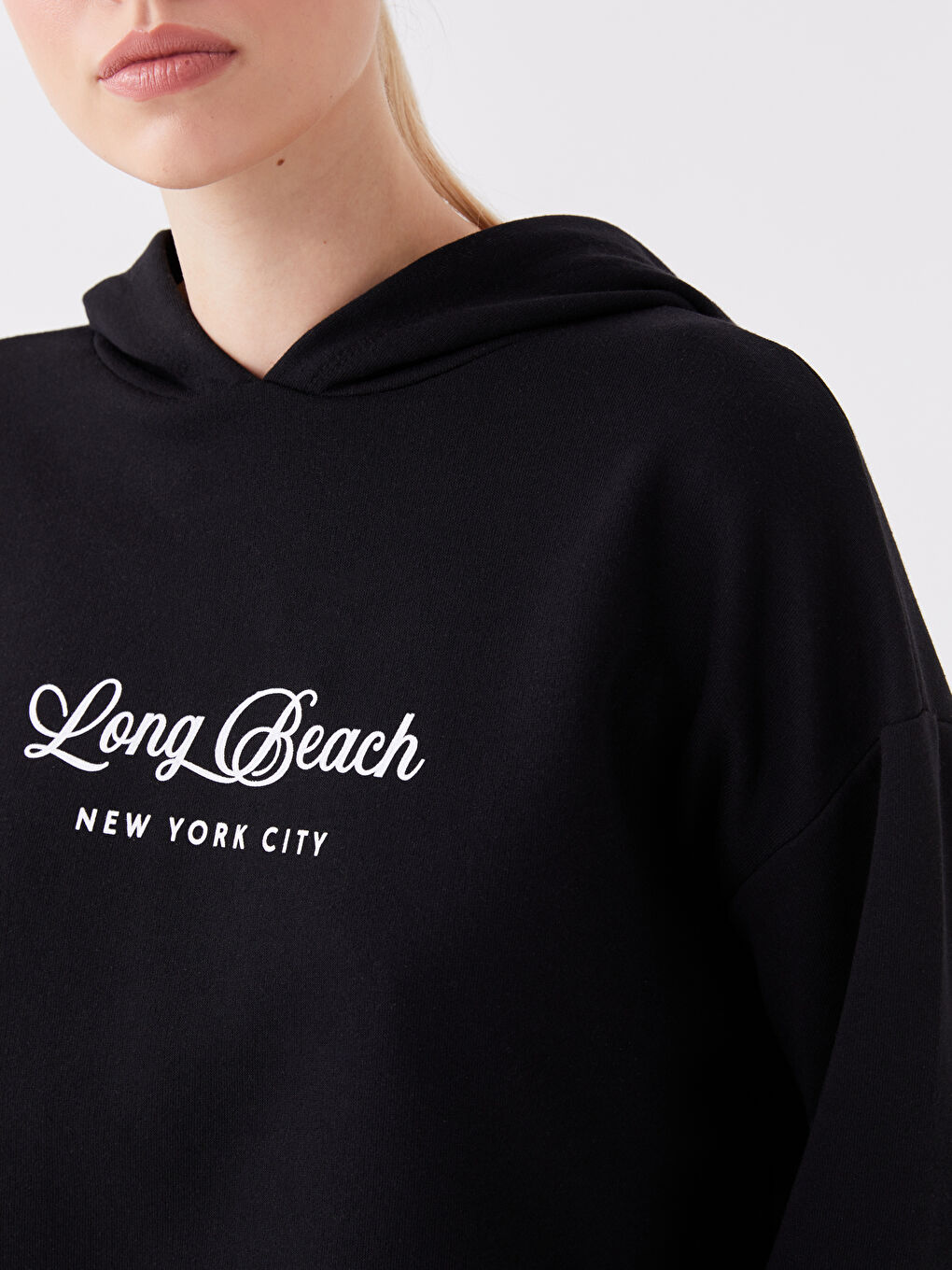 LCWAIKIKI Basic Yeni Siyah Baskılı Uzun Kollu Oversize Kadın Hoodie - 3