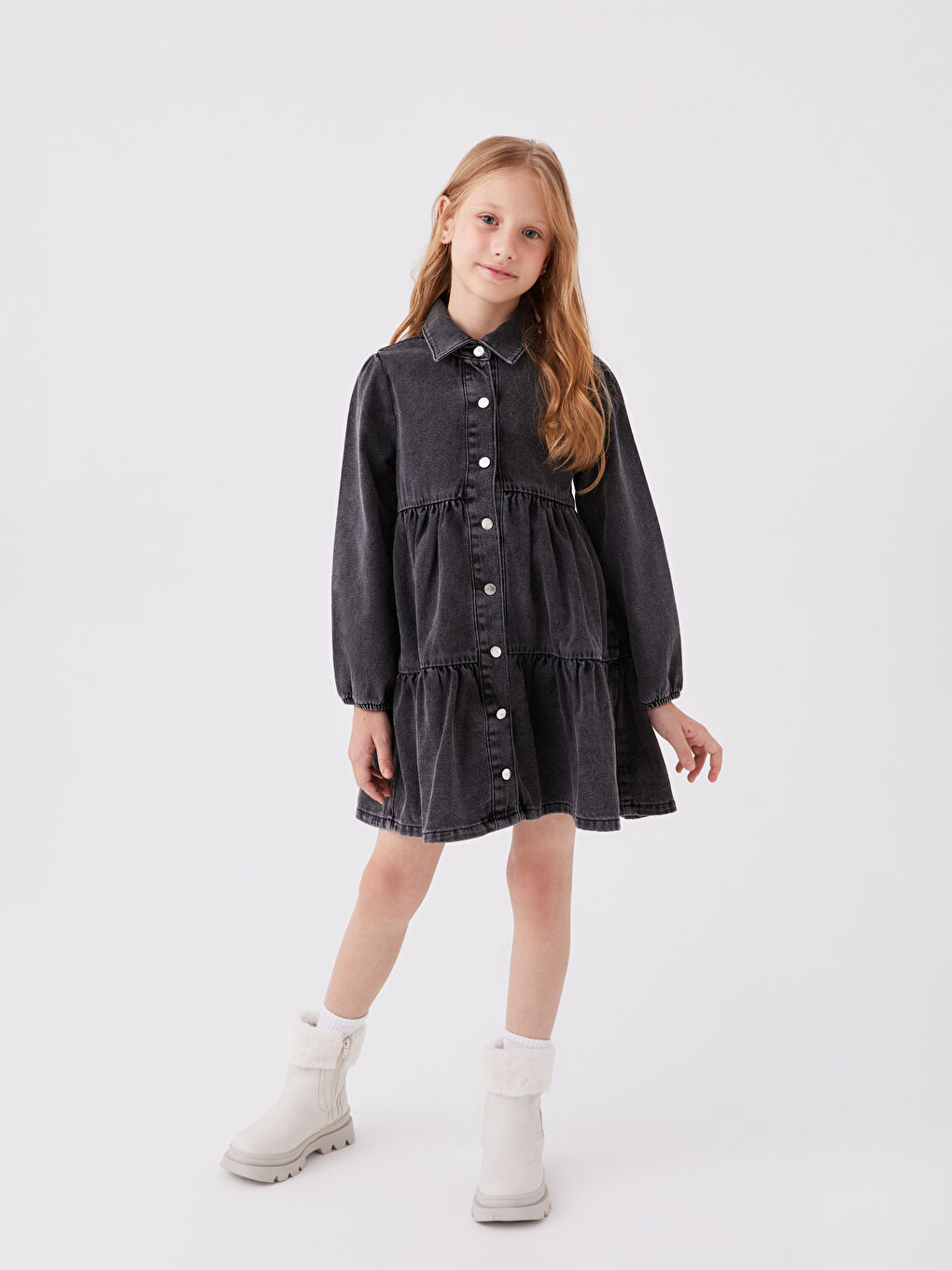 Shirt Neck Basic Long Sleeve Girl Jean Dress