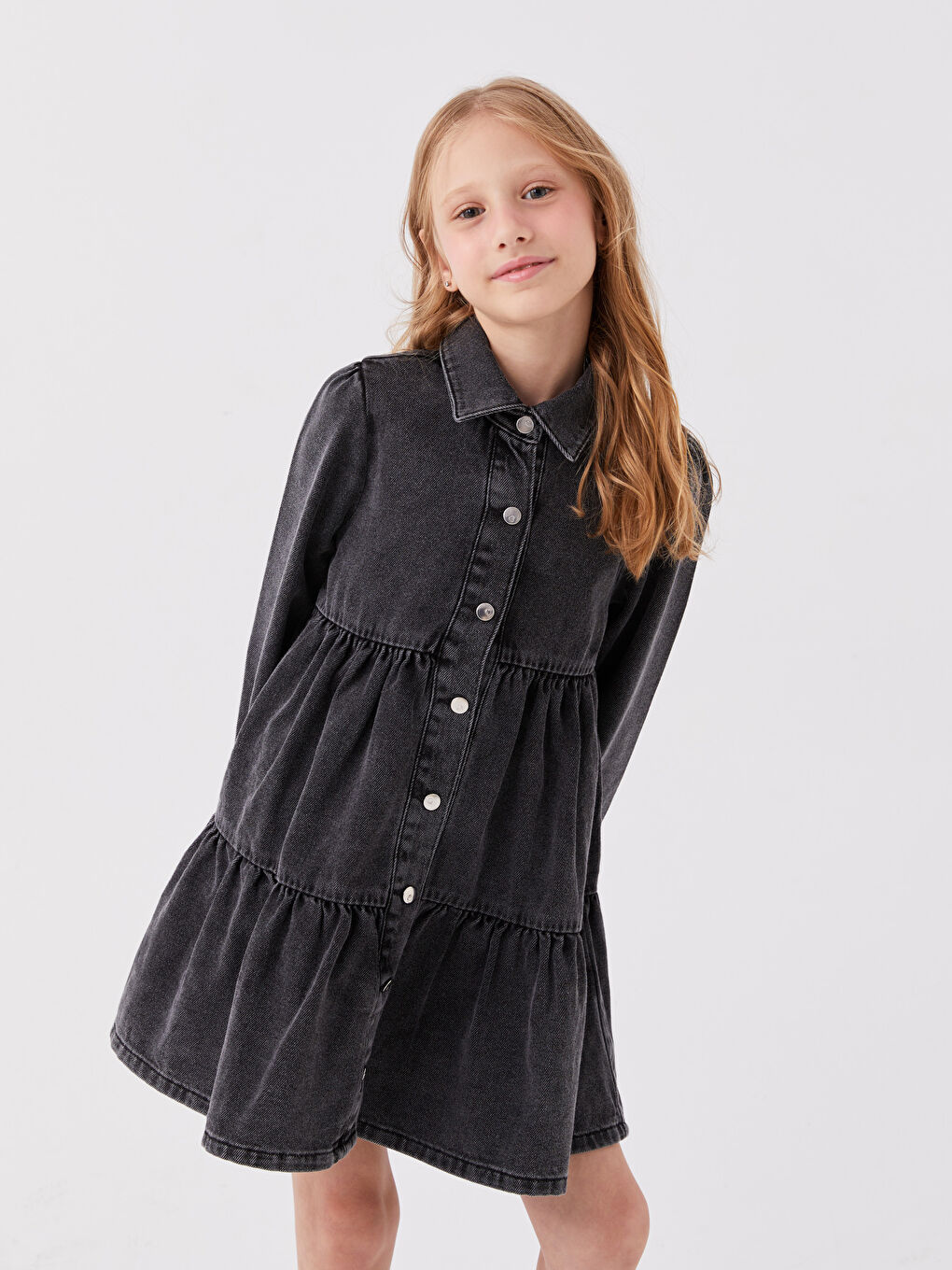 Shirt Neck Basic Long Sleeve Girl Jean Dress-1