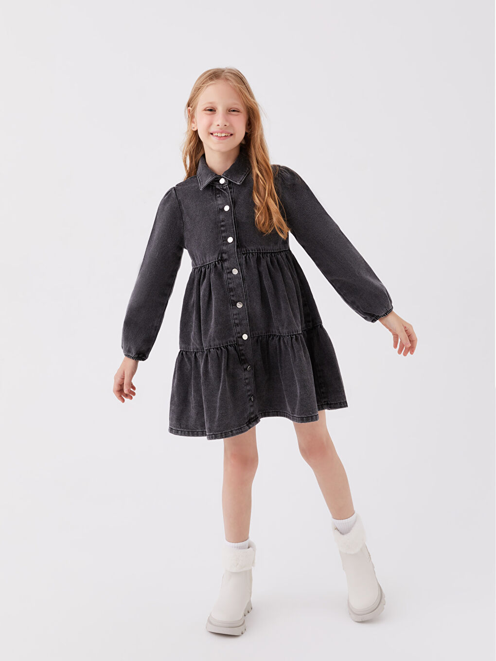 Shirt Neck Basic Long Sleeve Girl Jean Dress-2