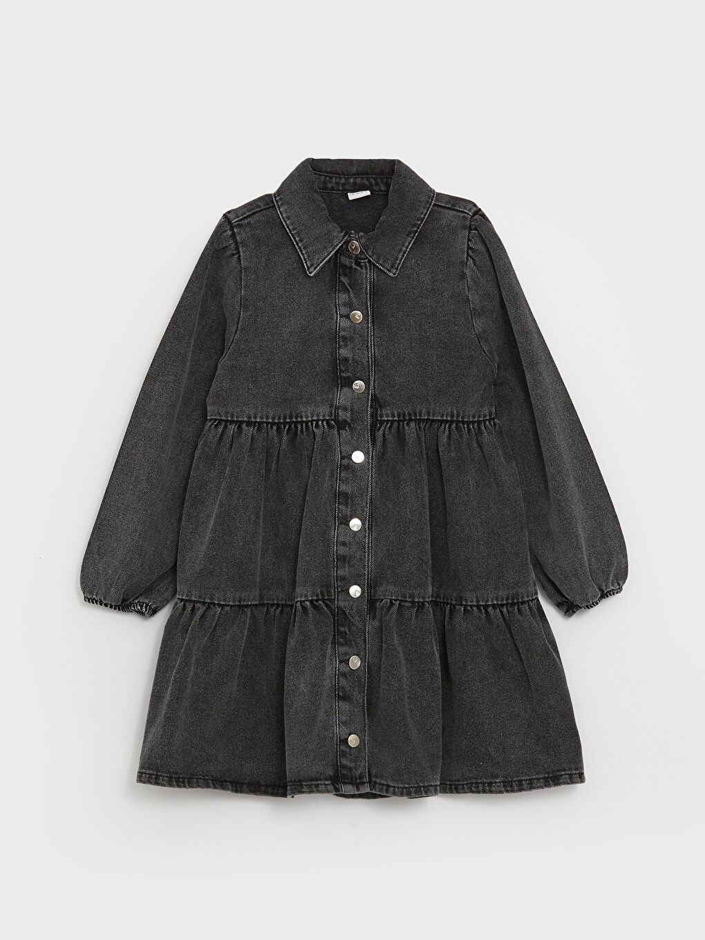 Shirt Neck Basic Long Sleeve Girl Jean Dress-3