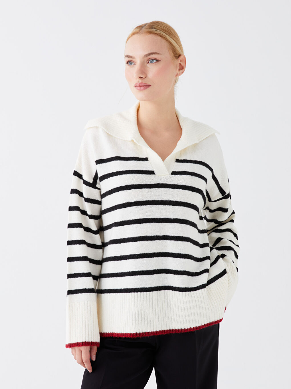 Siyah Polo Yaka Çizgili Uzun Kollu Kadın Triko Kazak Anne Kız Kombini