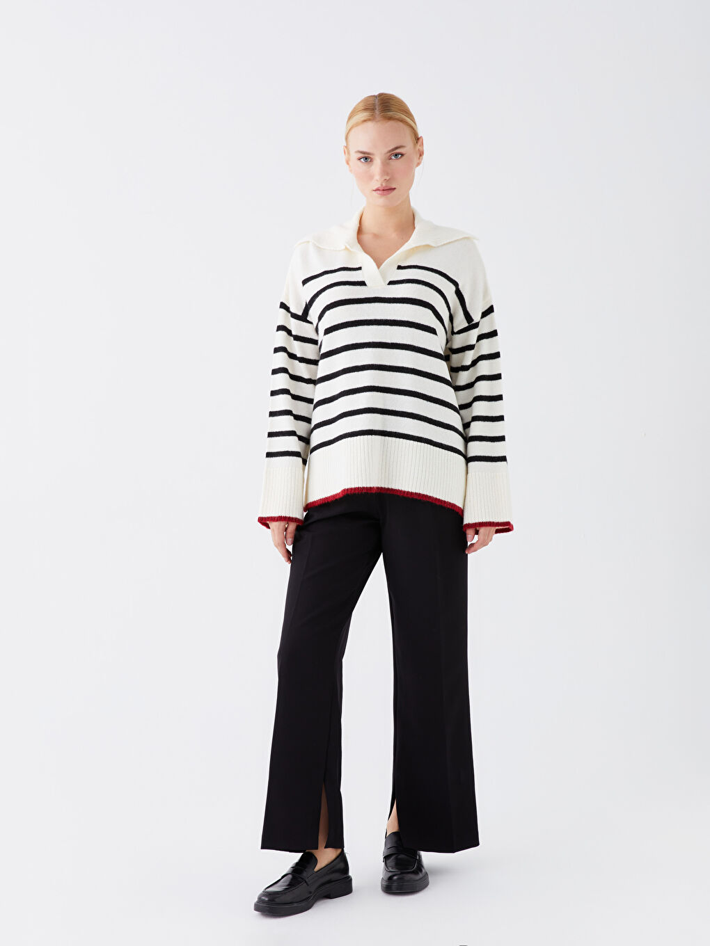 Siyah Polo Yaka Çizgili Uzun Kollu Kadın Triko Kazak Anne Kız Kombini-1