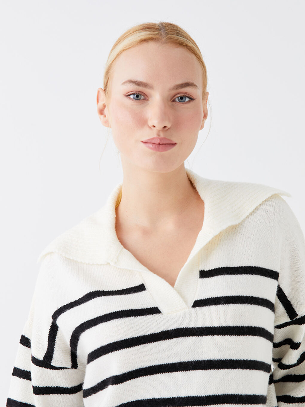 Siyah Polo Yaka Çizgili Uzun Kollu Kadın Triko Kazak Anne Kız Kombini-2