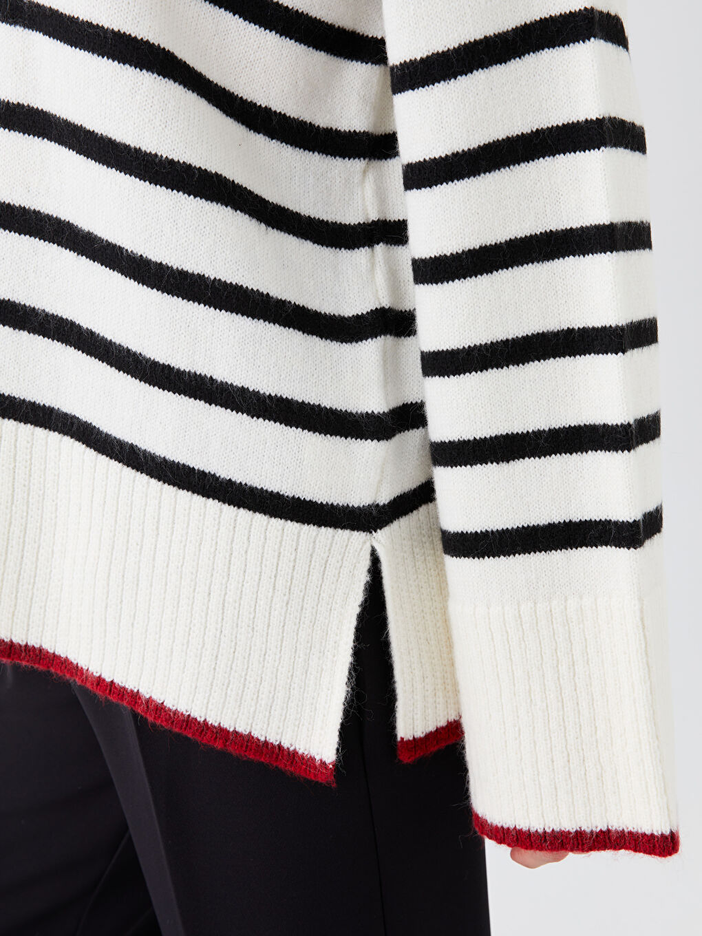 Siyah Polo Yaka Çizgili Uzun Kollu Kadın Triko Kazak Anne Kız Kombini-3