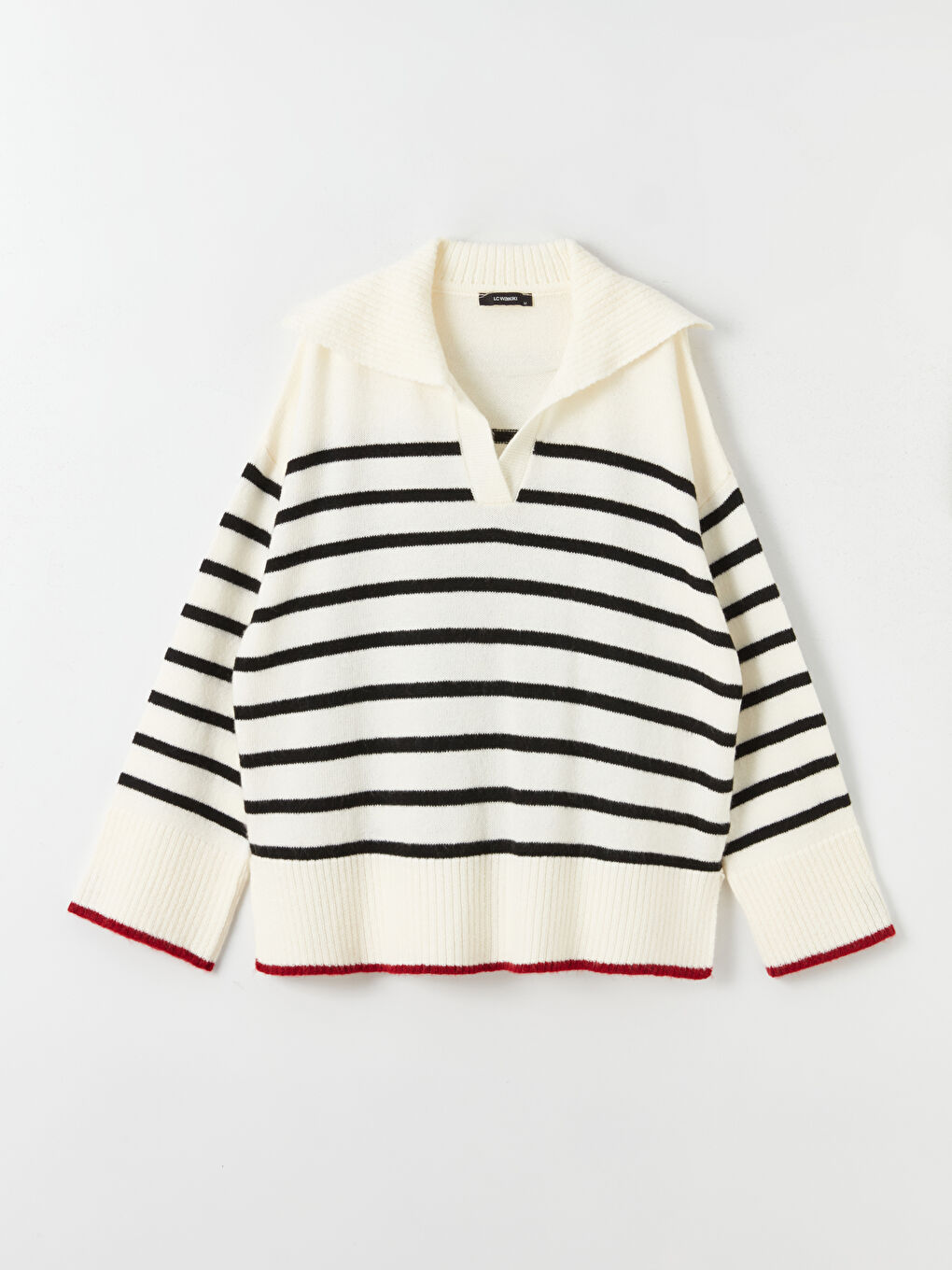 Siyah Polo Yaka Çizgili Uzun Kollu Kadın Triko Kazak Anne Kız Kombini-5