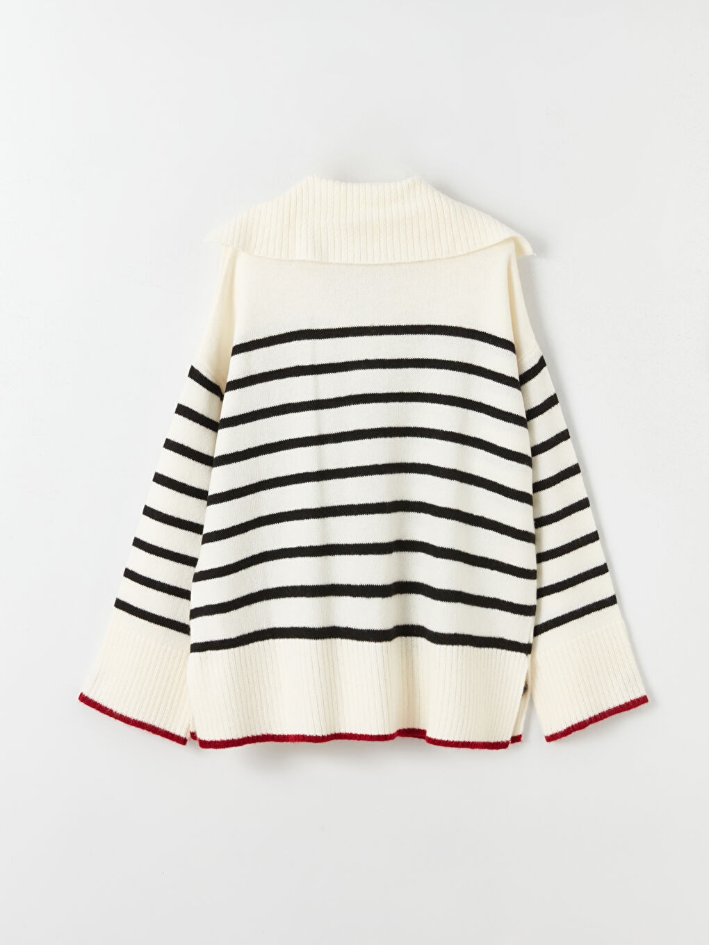 Siyah Polo Yaka Çizgili Uzun Kollu Kadın Triko Kazak Anne Kız Kombini-6