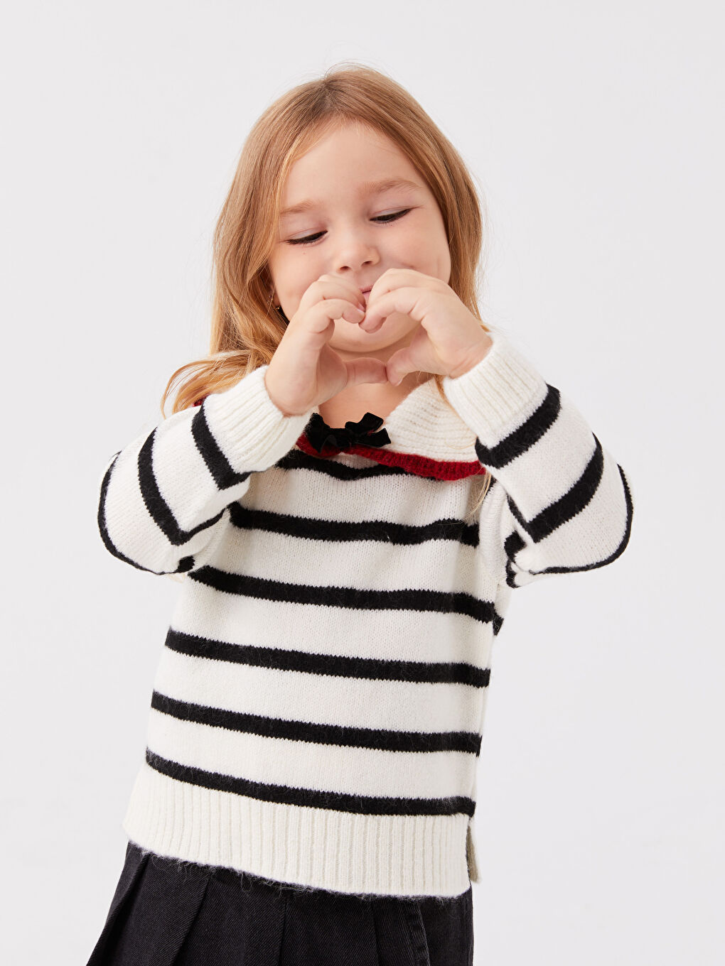 Siyah Polo Yaka Çizgili Uzun Kollu Kız Bebek Triko Kazak Anne Kız Kombini