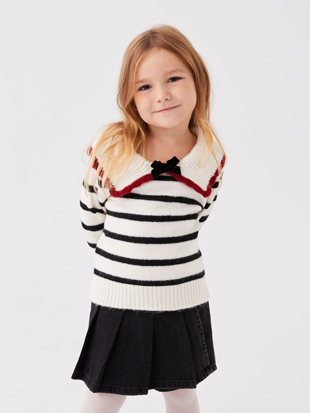 Siyah Polo Yaka Çizgili Uzun Kollu Kız Bebek Triko Kazak Anne Kız Kombini-1