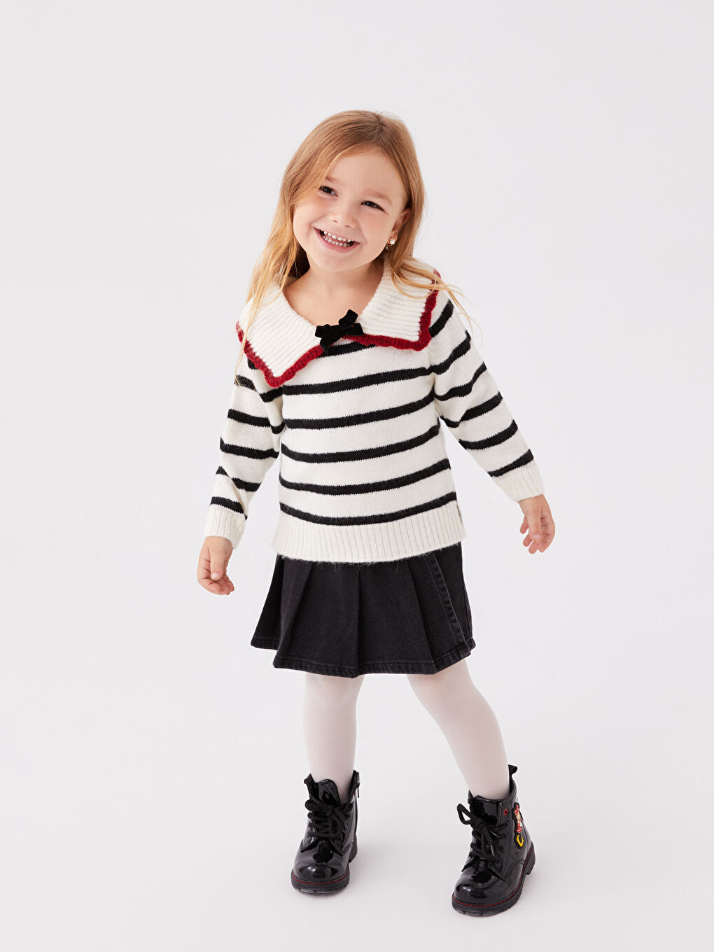 Siyah Polo Yaka Çizgili Uzun Kollu Kız Bebek Triko Kazak Anne Kız Kombini-2