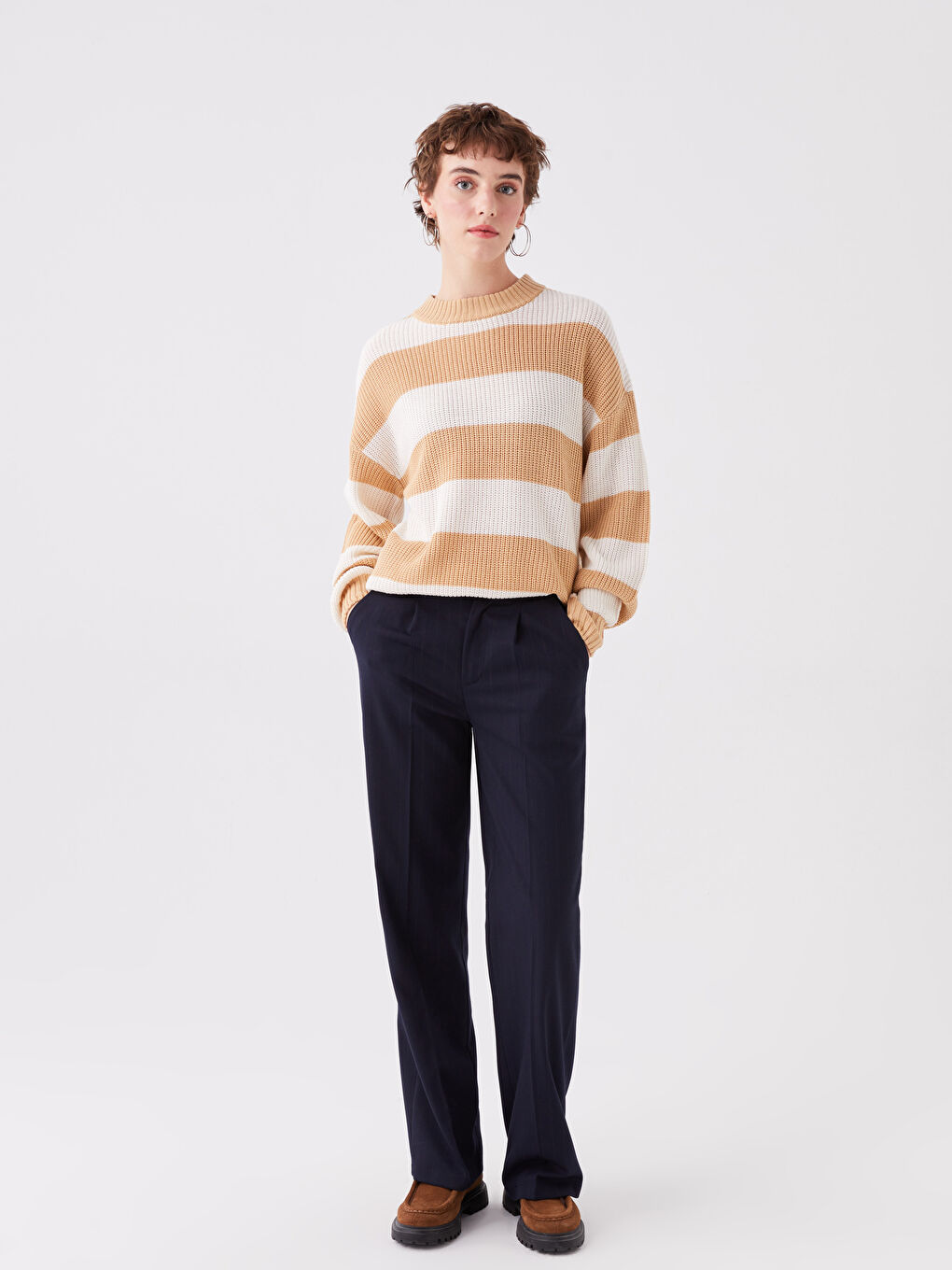 Crew Neck Striped Long Sleeve Women's Knitwear Sweater-2