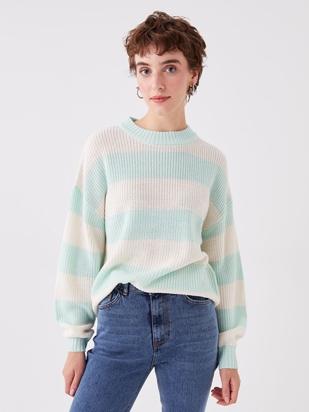 Crew Neck Striped Long Sleeve Women's Knitwear Sweater