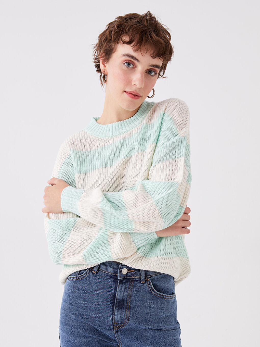 Crew Neck Striped Long Sleeve Women's Knitwear Sweater-1