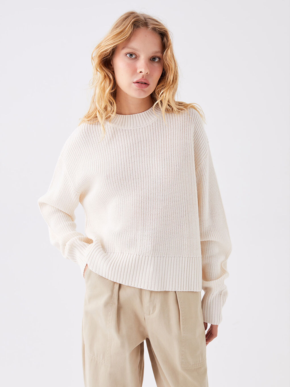 Pull-over en Tricot à Col Rond à Motifs Manches Longues pour Femmes-1