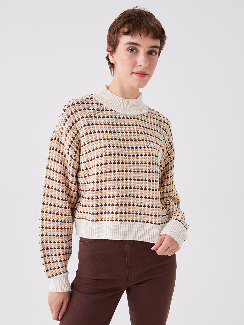 Half Turtleneck Patterned Long Sleeve Women's Tricot Sweater-1